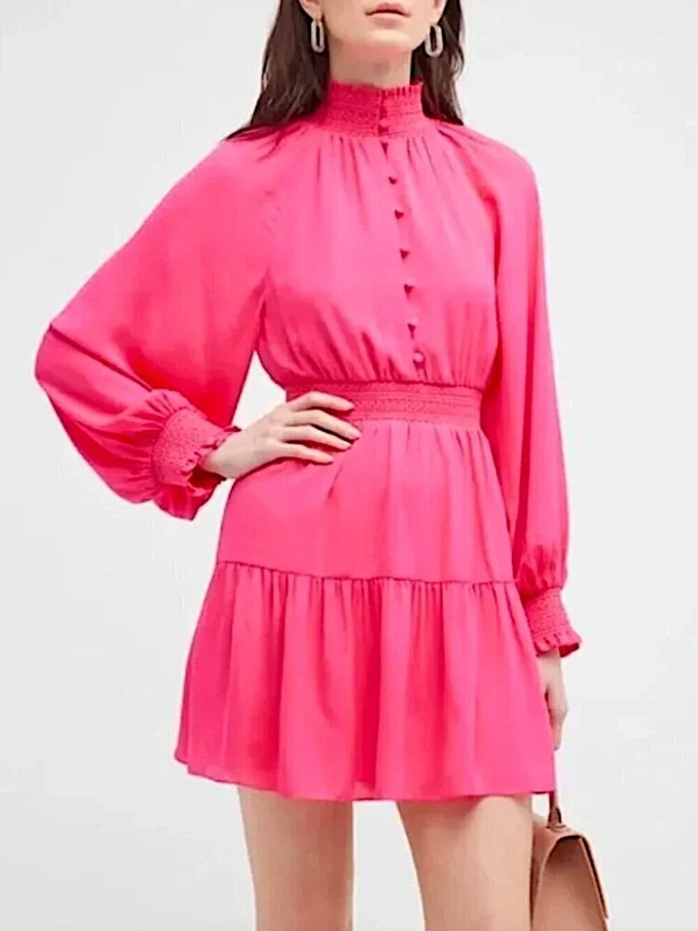 ALICE + OLIVIA Lavinia Tiered Smocked Mini Dress Wild Pink Crepe de Chine